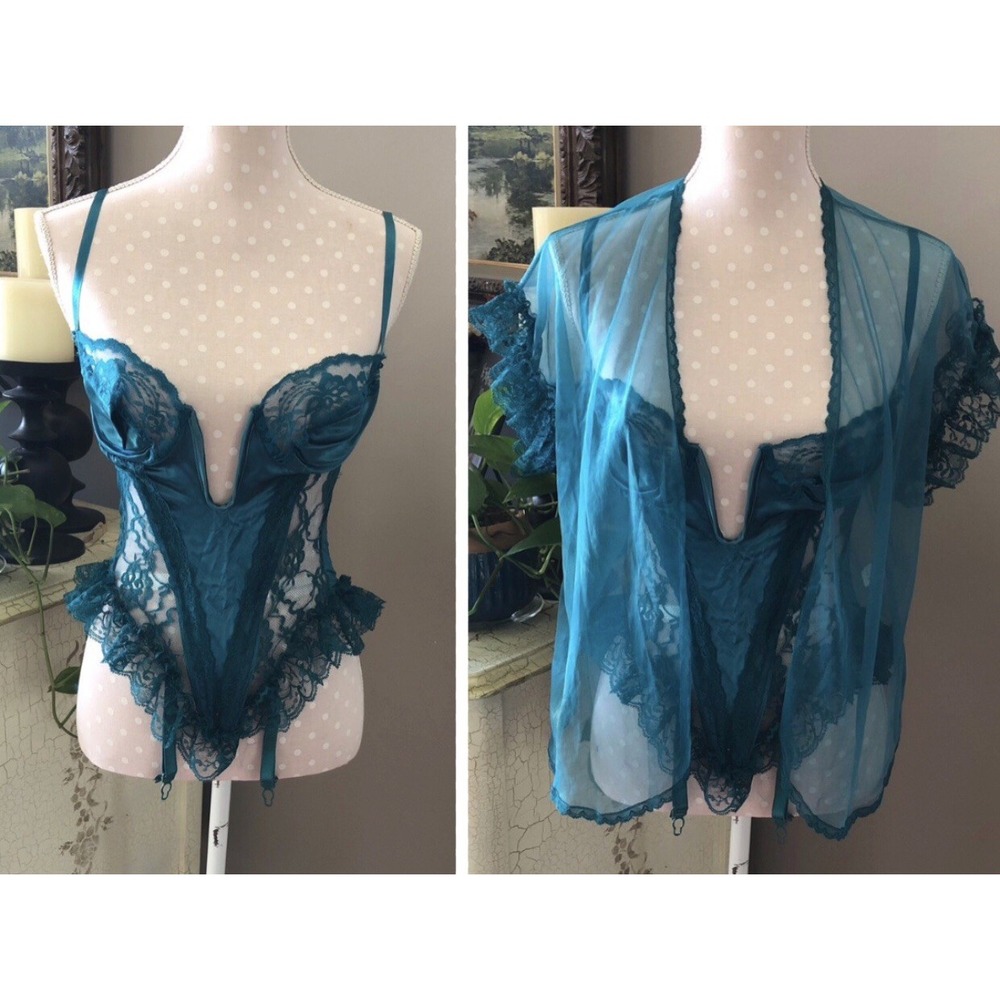 VTG Fredericks Of Hollywood Teddy Corset W/Robe Pantyhose Clips Turquoise Blue M